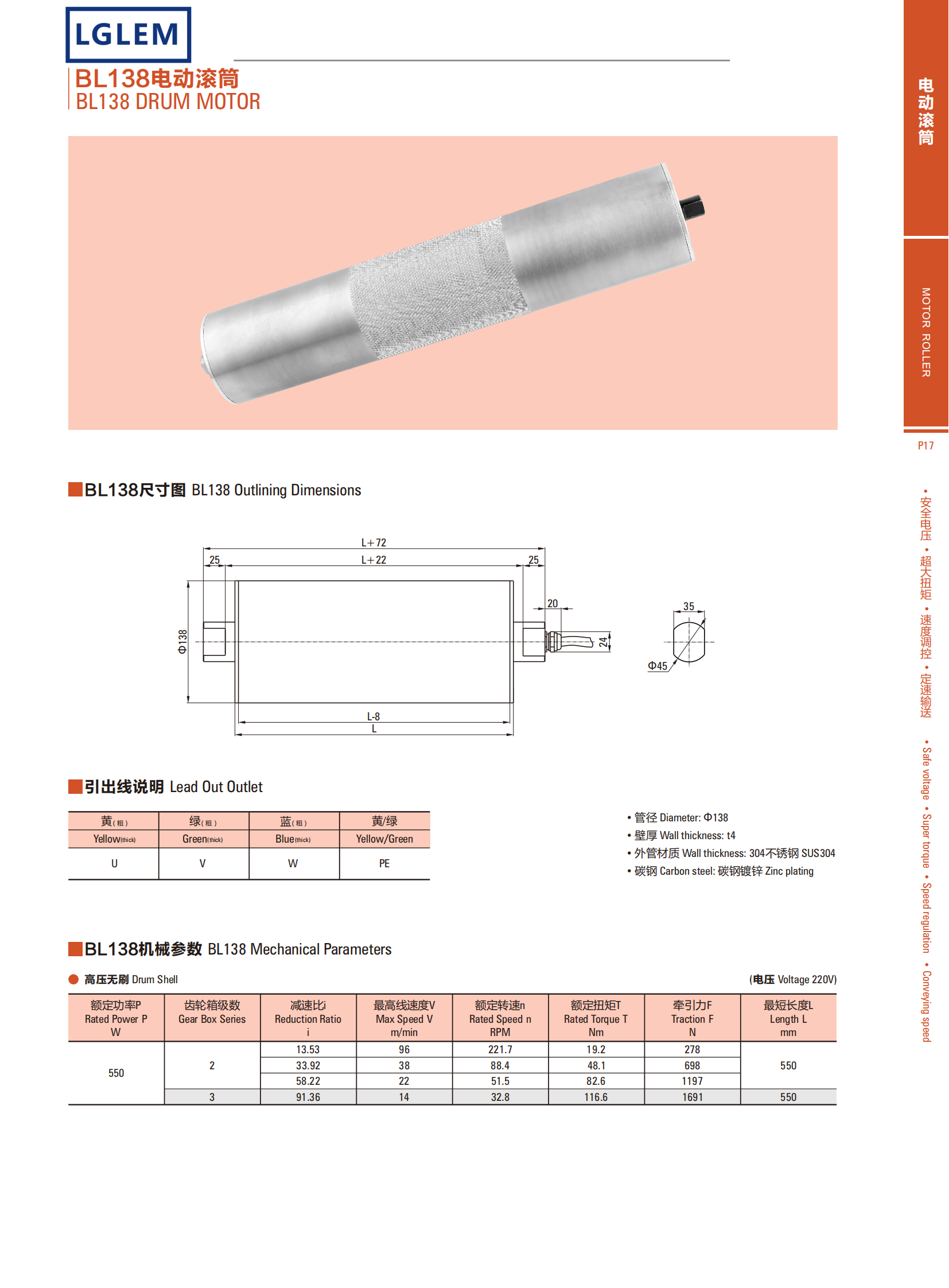 BRUSHLESS DC DRUM MOTOR  BL138 Permanent Magnet High Voltage