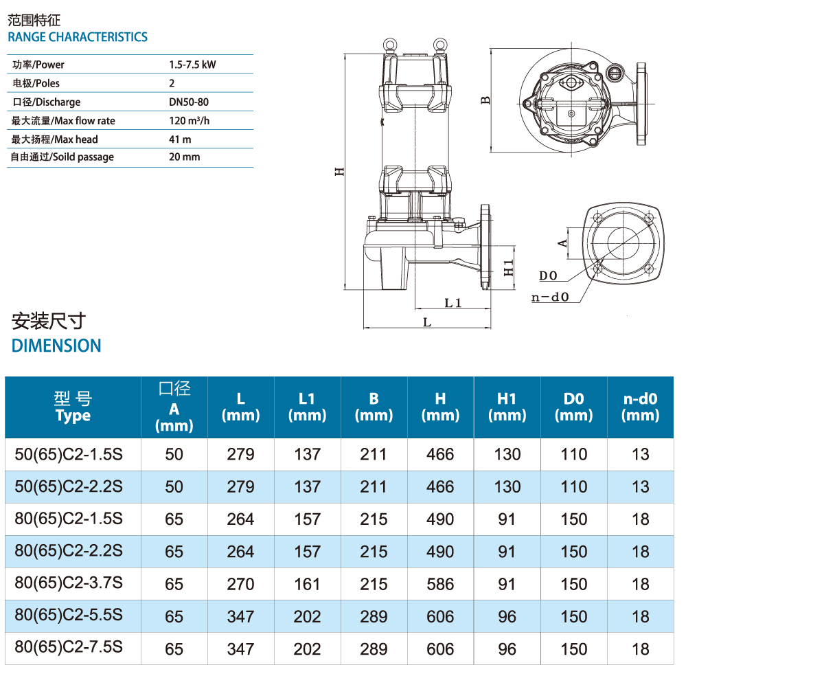 CS series all stainless steel general throughput sewage and dirt submersible electric pump